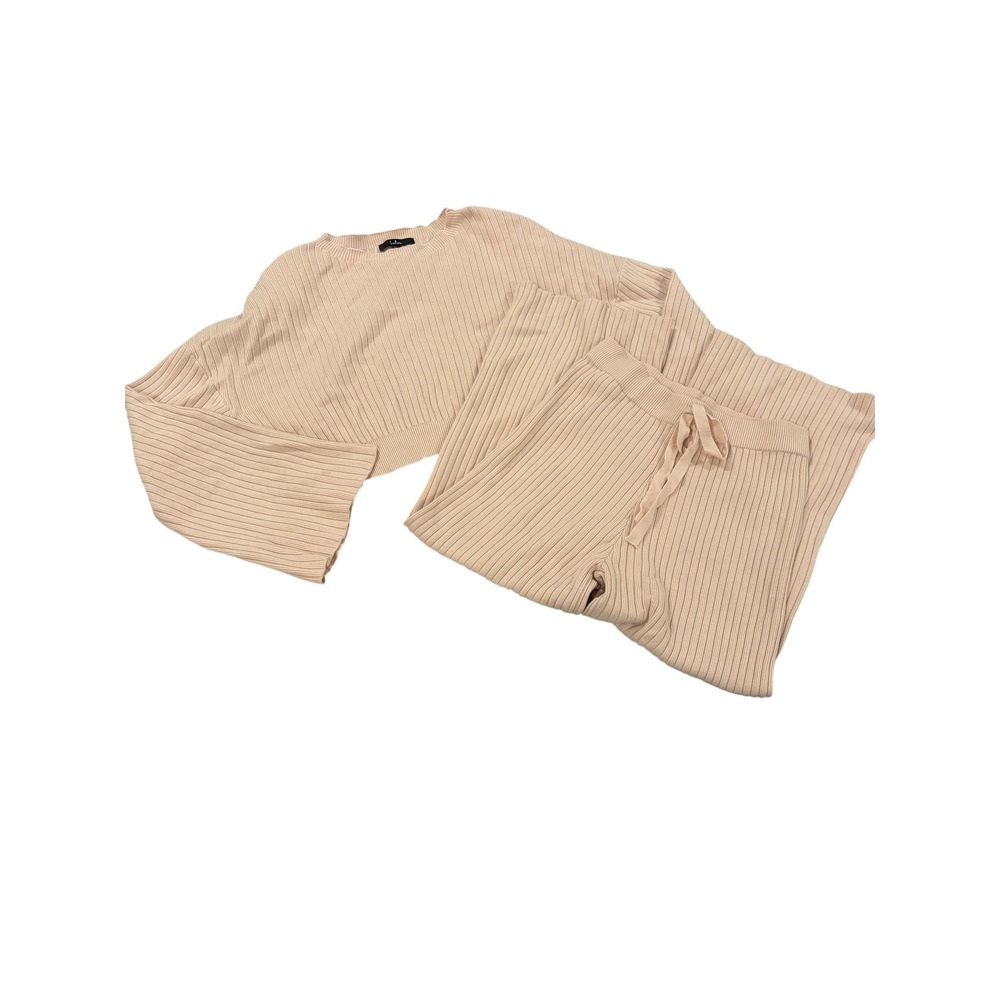Lulus Ribbed Knit 2 Piece Set Beige Crop Sweater Wide Leg Pants Small